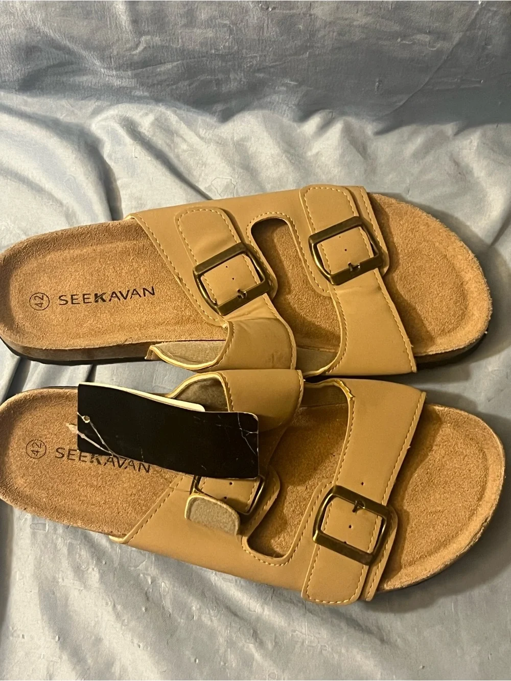 Seekavan Tan Double-Buckle Slide Sandals
